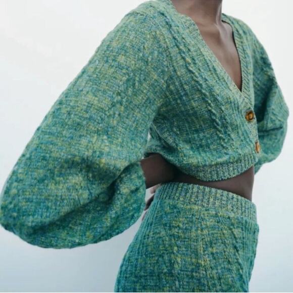 Zara Green Marl Knit Balloon Sleeve Cardigan - Picture 1 of 7